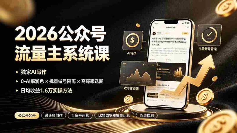 (19405期)2026公众号流量主系统课:独家AI写作×0-AI率润色×批量做号隔离×高爆率选题,日均收益1.6万实操方法-湘创网