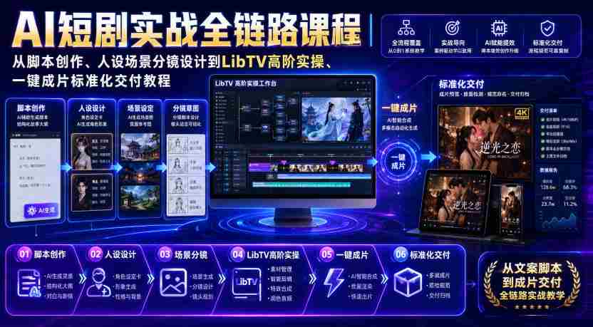 AI短剧实战全链路课程|从脚本创作、人设场景分镜设计到LibTV高阶实操、一键成片标准化交付教程