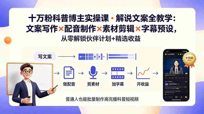 (19275期)10万粉科普博主实操课-解说文案全教学:文案写作×配音制作×素材剪辑×字幕预设,从零解锁伙伴计划+精选收益-湘创网