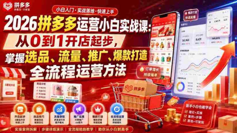 2026拼多多运营小白实战课:从0到1开店起步,掌握选品、流量、推广、爆款打造全流程运营方法-湘创网