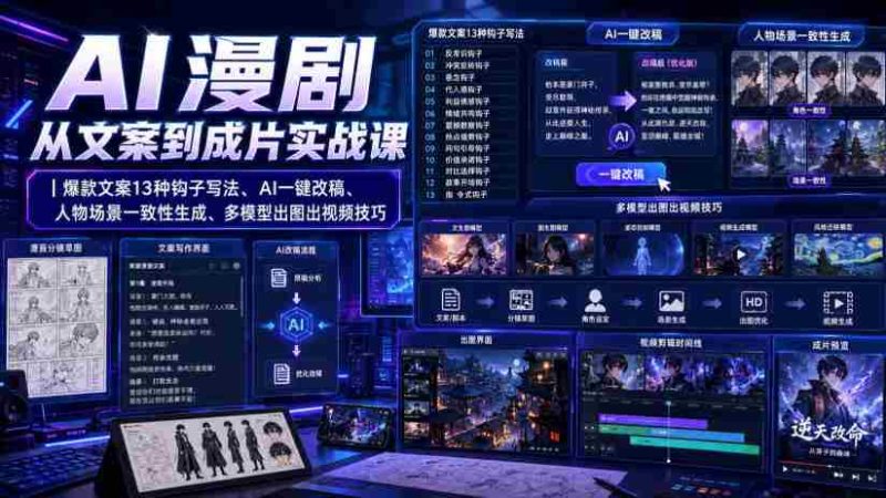 AI漫剧从文案到成片实战课|爆款文案13种钩子写法、AI一键改稿、人物场景一致性生成、多模型出图出视频技巧-湘创网