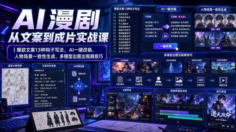 AI漫剧从文案到成片实战课｜爆款文案13种钩子写法、AI一键改稿、人物场景一致性生成、多模型出图出视频技巧-湘创网