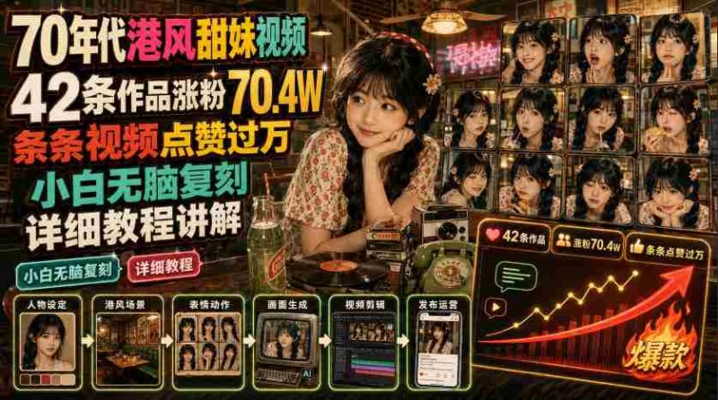 70年代港风甜妹视频,42条作品涨粉70.4W,条条视频点赞过万,小白无脑复刻,详细教程讲解-湘创网