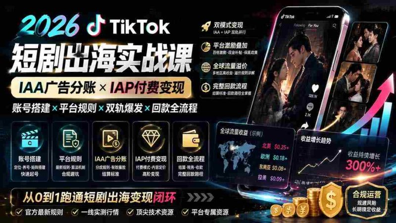 （19740期）2026TikTok短剧出海实战课：IAA广告分账×IAP付费变现×账号搭建×平台规则×双轨爆发×回款全流程-湘创网