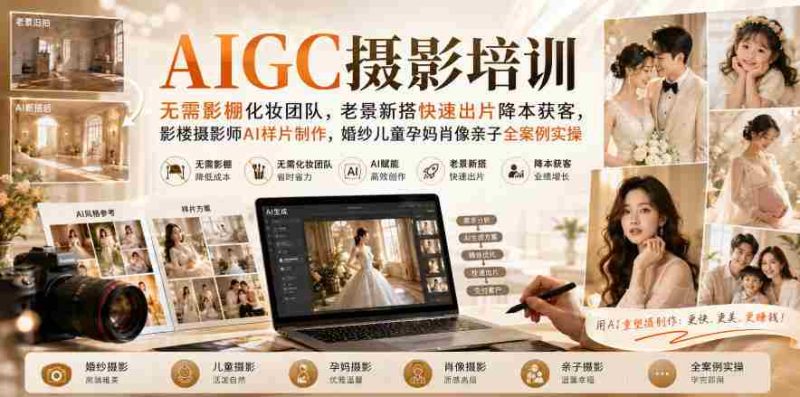 AIGC摄影培训|无需影棚化妆团队,老景新搭快速出片降本获客,影楼摄影师AI样片制作,婚纱儿童孕妈肖像亲子全案例实操-湘创网