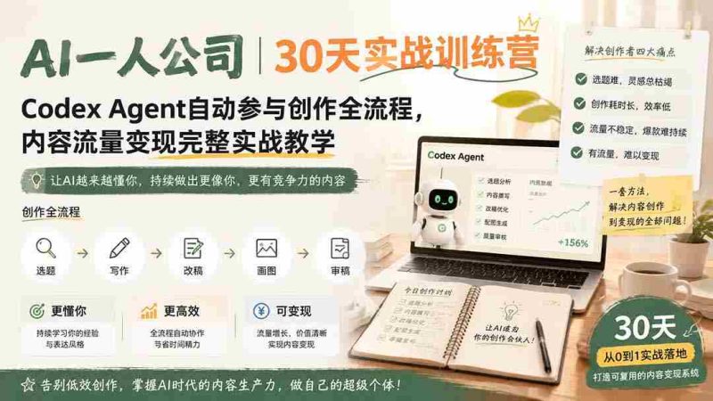 (19812期)AI一人公司|30天实战训练营;Codex Agent自动参与创作全流程,内容流量变现完整实战教学-湘创网