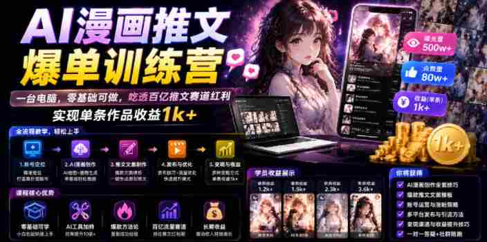 AI漫画推文爆单训练营,一台电脑,零基础可做,吃透百亿推文赛道红利,实现单条作品收益1k+