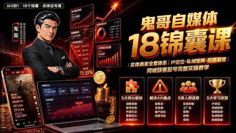 （19632期）鬼哥自媒体18锦囊课｜实体商家全套体系｜IP 定位-私域矩阵-招商裂变｜同城获客起号完整实操教学-湘创网