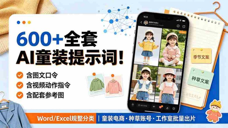 (19302期)600+全套AI童装提示词!含图文口令+视频动作指令+配套参考图,Word/Excel规整分类,童装电商、种草无脑量产内容-湘创网