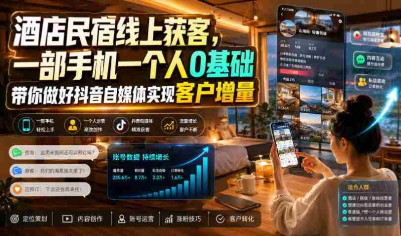 酒店民宿线上获客,一部手机一个人0基础带你做好抖音自媒体实现客户增量-湘创网