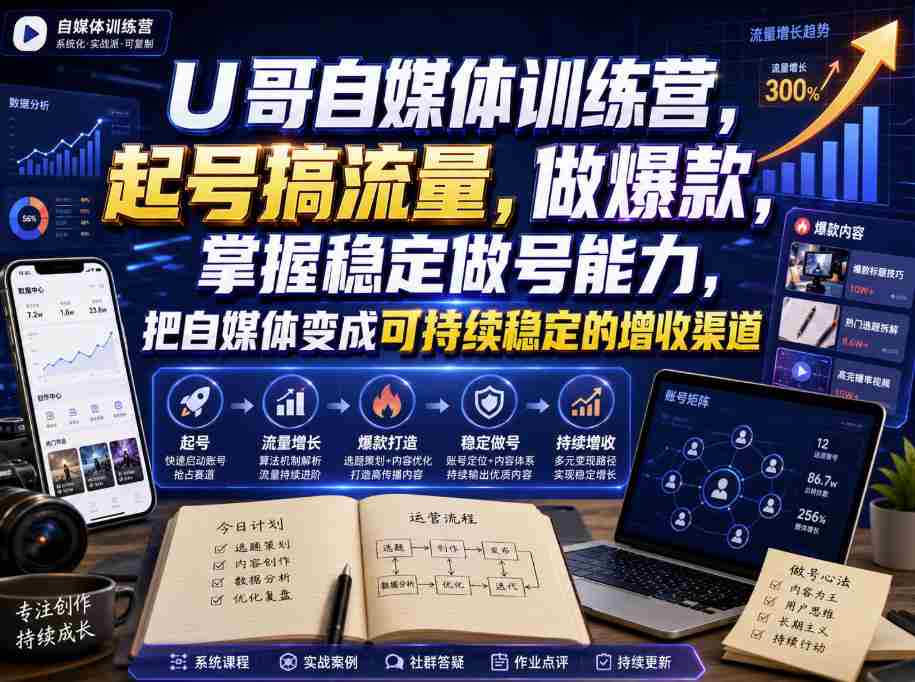 U哥自媒体训练营,起号搞流量,做爆款,掌握稳定做号能力,把自媒体变成可持续稳定的增收渠道