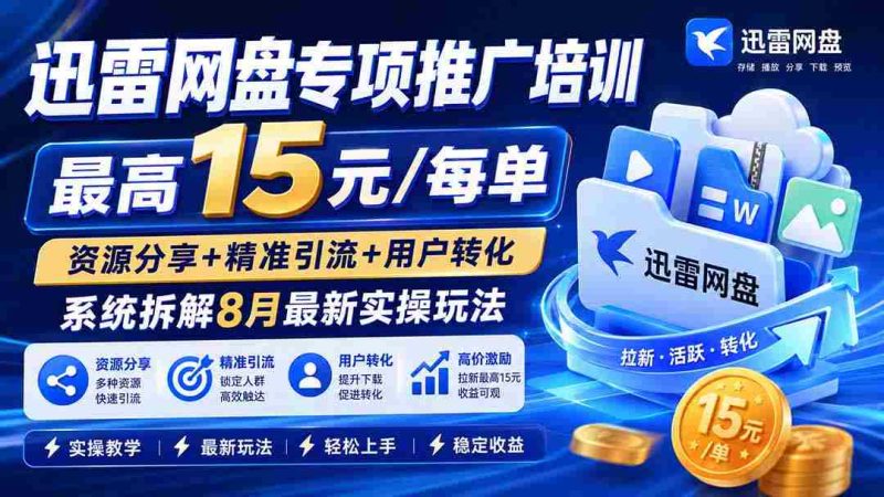（19901期）迅雷网盘专项推广培训-更新8月——最高15元/每单，资源分享+精准引流+用户转化，系统拆解最新实操玩法-湘创网
