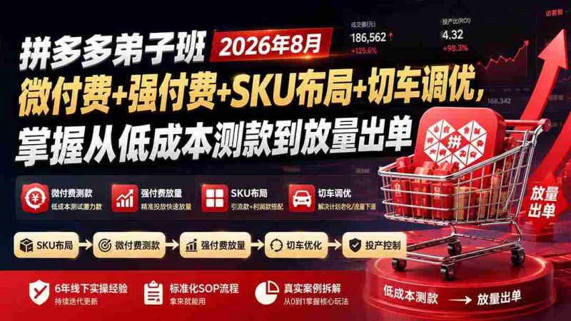 （19746期）拼多多弟子班2026年8月：微付费+强付费+SKU布局+切车调优，掌握从低成本测款到放量出单-湘创网