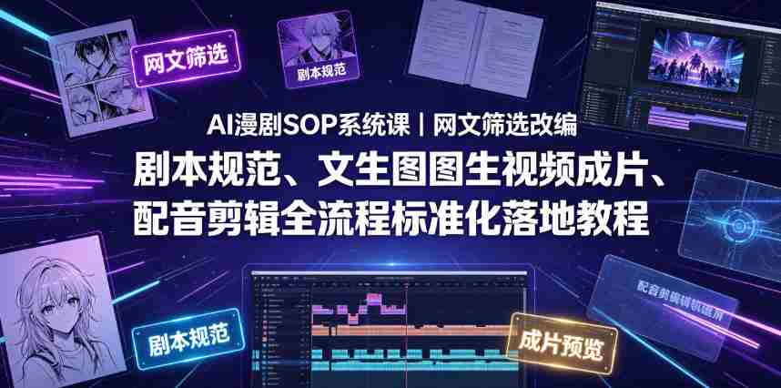 AI漫剧SOP系统课|网文筛选改编、剧本规范、文生图图生视频成片、配音剪辑全流程标准化落地教程