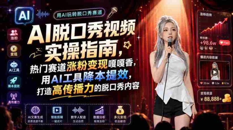 AI脱口秀视频实操指南,热门赛道涨粉变现嘎嘎香,用AI工具降本提效,打造高传播力的脱口秀内容-湘创网