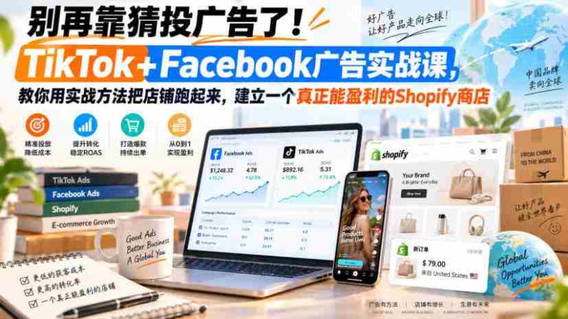 别再靠猜投广告了！TikTok+Facebook广告实战课，教你用实战方法把店铺跑起来，建立一个真正能盈利的Shopify商店【原创双语字幕】-湘创网