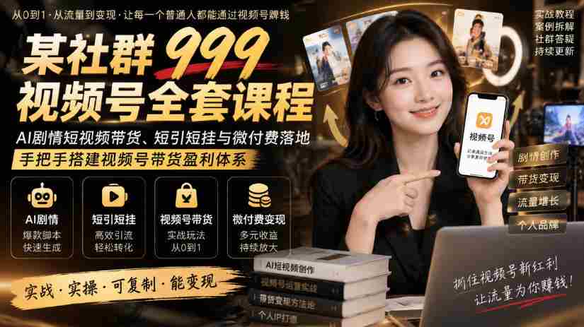 某社群999视频号全套课程,AI剧情短视频带货、短引短挂与微付费落地,手把手搭建视频号带货盈利体系