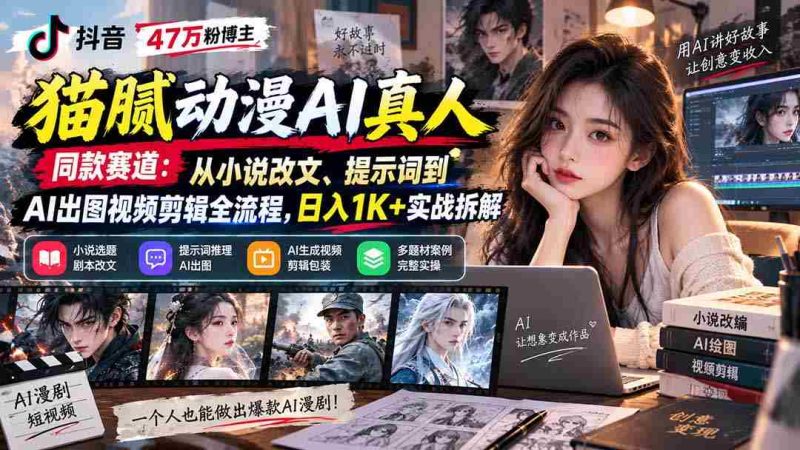 抖音47万粉博主猫腻动漫AI真人同款赛道:从小说改文、提示词到AI出图视频剪辑全流程,日入1K+实战拆解-湘创网