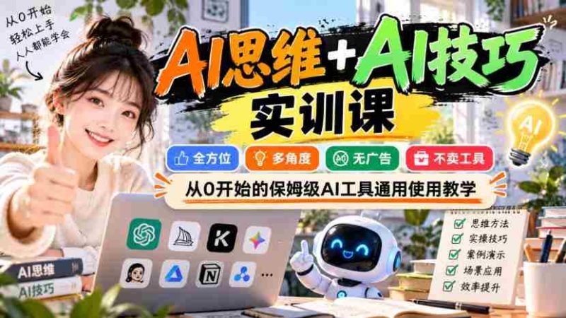 【无水印】AI思维+AI技巧实训课，全方位、多角度、无广告、不卖工具，从0开始的保姆级AI工具通用使用教学-湘创网