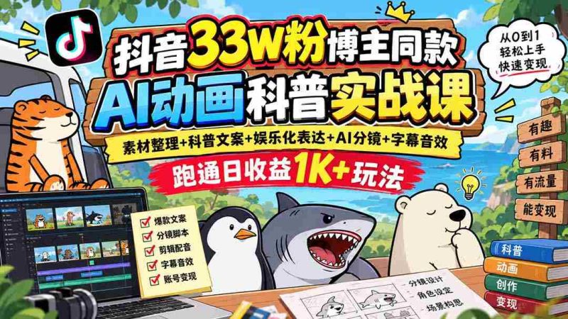 揭秘抖音33万粉丝大V独家AI动画教学:从素材到文案,娱乐表达,AI分镜,字幕音效全攻略,轻松实现日入过千!-湘创网