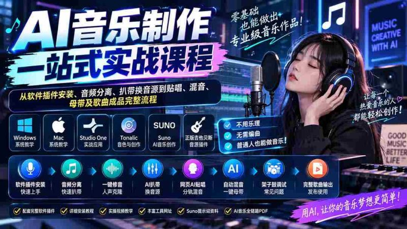AI音乐制作一站式实战课程:从软件插件安装、音频分离、扒带换音源到贴唱、混音、母带及歌曲成品完整流程-湘创网