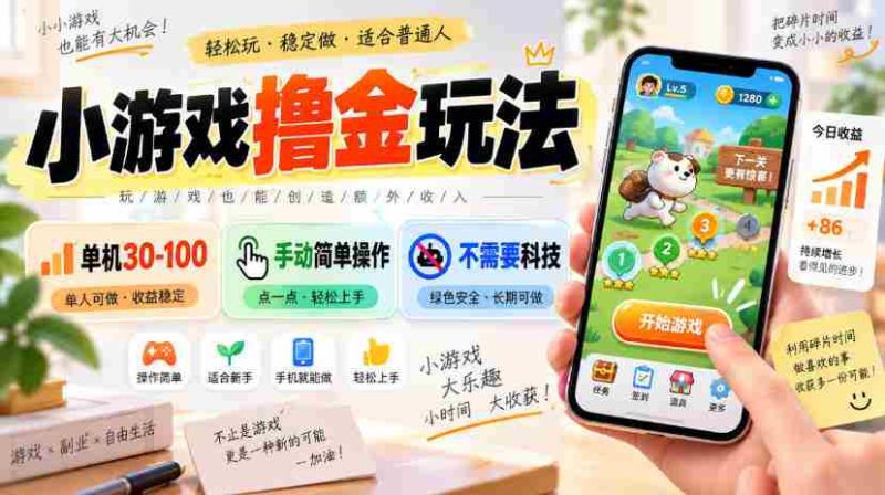 小游戏撸金玩法，单机30-100，手动简单操作，不需要科技-湘创网
