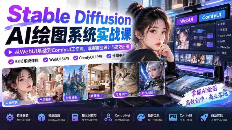 探索Stable Diffusion AI绘图奥秘:从WebUI入门到ComfyUI高效流程,商业设计技能轻松提升-湘创网