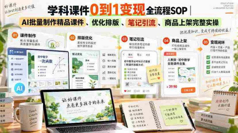 学科课件0到1变现全流程SOP|AI批量制作精品课件、优化排版、笔记引流、商品上架完整实操-湘创网
