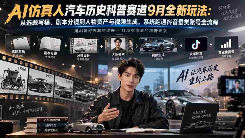 AI仿真人汽车历史科普赛道9月全新玩法：从选题写稿、剧本分镜到人物资产与视频生成，系统跑通抖音垂类账号全流程-湘创网