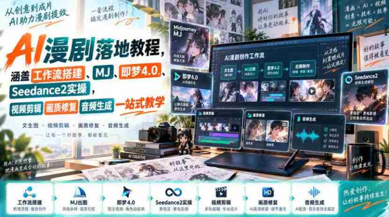 AI漫剧落地教程，涵盖工作流搭建、MJ、即梦4.0、Seedance2实操，视频剪辑画质修复音频生成一站式教学-湘创网