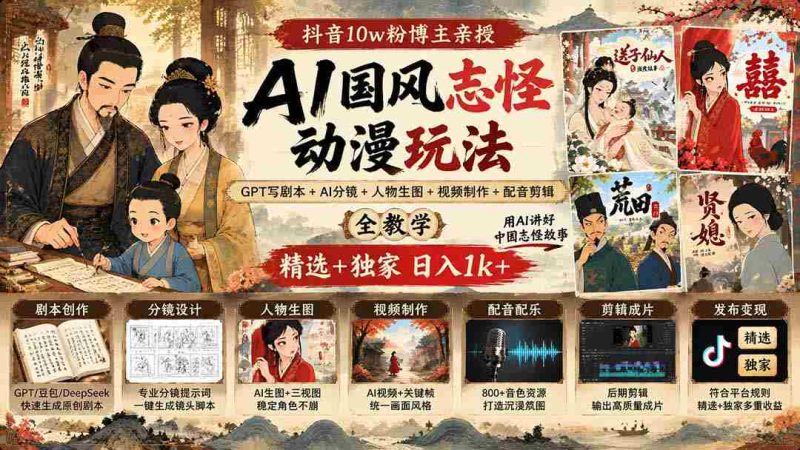 揭秘抖音百万粉丝大V揭秘AI国风动漫创作秘诀:GPT剧本编写+AI分镜指导+角色生图+视频剪辑制作全教程,精选攻略日入千元不是梦-湘创网