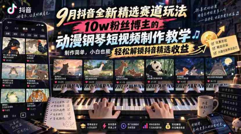 9月抖音全新精选赛道玩法，10w粉丝博主的动漫钢琴短视频制作教学，制作简单，小白也能轻松解锁抖音精选收益-湘创网