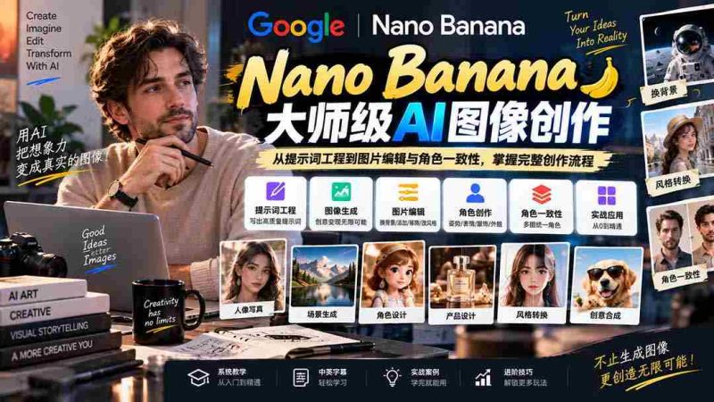 【无水印】Nano Banana大师级AI图像实战课：从提示词工程到图片编辑与角色一致性，掌握完整创作流程-湘创网