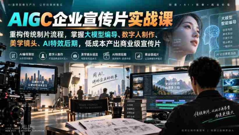 颠覆传统影视制作!AIGC实战培训,深度解析大模型编导技巧、数字人制作艺术、美学镜头捕捉与AI特效后期,轻松打造低成本商业级宣传片-湘创网
