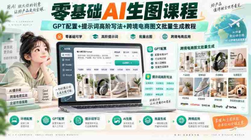 零基础AI生图课程，GPT配置+提示词高阶写法+跨境电商图文批量生成教程-湘创网