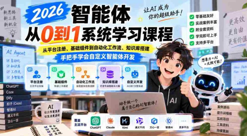 2026年全新智能体编程课程,助你从零基础入门,涵盖平台注册、组件搭建、工作流自动化与知识库构建,一对一指导,轻松掌握智能体定制开发技巧-湘创网
