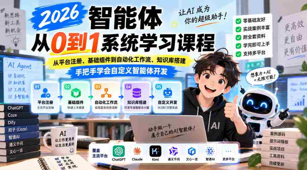 2026年全新智能体编程课程，助你从零基础入门，涵盖平台注册、组件搭建、工作流自动化与知识库构建，一对一指导，轻松掌握智能体定制开发技巧-湘创网