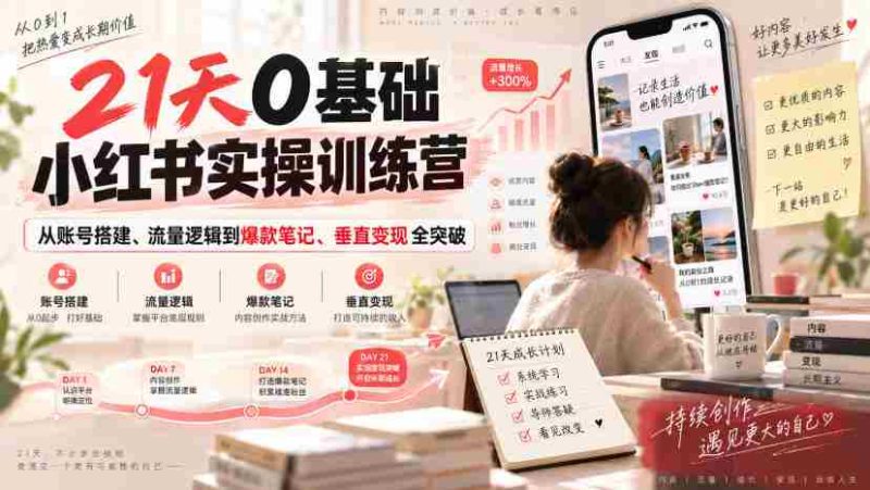 21天0基础小红书实操训练营|从账号搭建、流量逻辑到爆款笔记、垂直变现全突破-湘创网