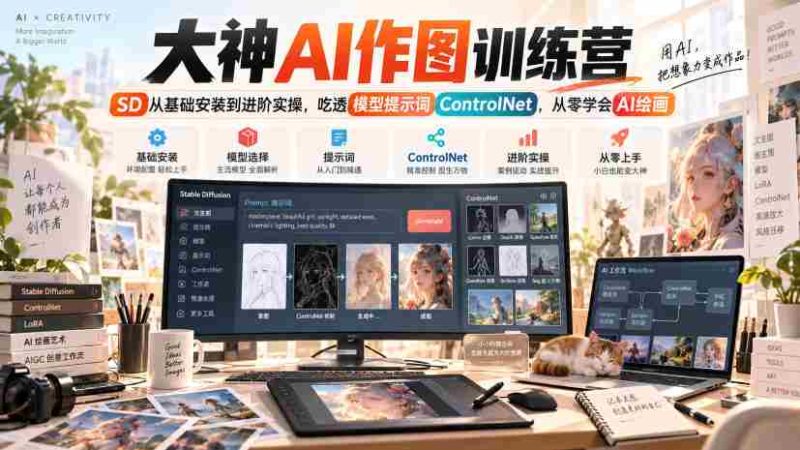 大神AI作图训练营,SD从基础安装到进阶实操,吃透模型提示词ControlNet,从零学会AI绘画-湘创网