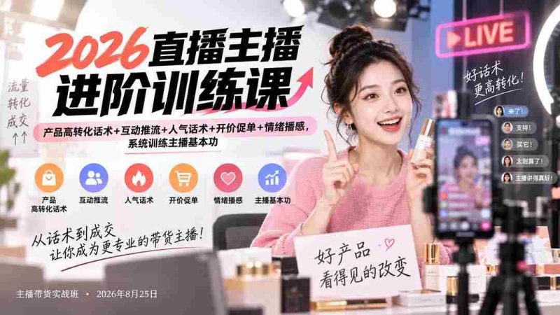 2026直播主播进阶训练课：产品高转化话术+互动推流+人气话术+开价促单+情绪播感，系统训练主播基本功-湘创网