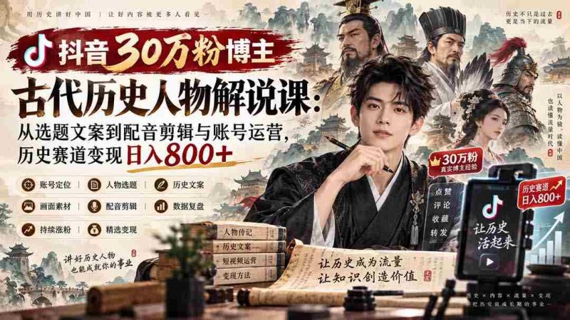 抖音30万粉博主古代历史人物解说课:从选题文案到配音剪辑与账号运营,历史赛道变现日入800+-湘创网