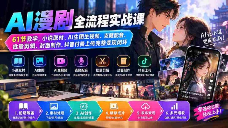 （20199期）AI漫剧全流程实战课｜61节教学，小说取材、AI生图生视频、克隆配音、批量剪辑、封面制作、抖音付费上传完整变现闭环-湘创网