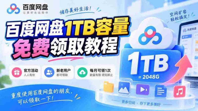 百度网盘1TB容量免费领取教程,重度使用百度网盘的朋友,可以领取一下,每月可领-湘创网