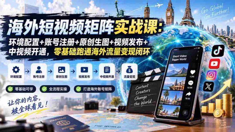 海外短视频矩阵实战课:环境配置+账号注册+原创生图+视频发布+中视频开通,零基础跑通海外流量变现闭环-湘创网