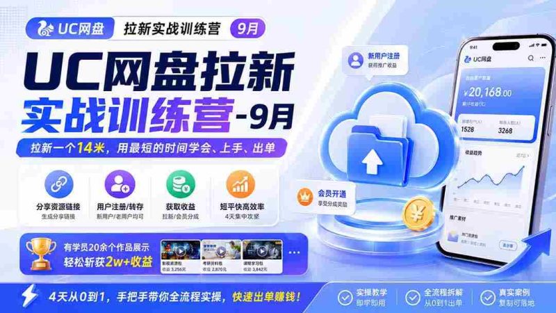 （20240期）UC网盘拉新实战训练营-9月，拉新一个14米，用最短的时间学会、上手、出单，有学员20余个作品，轻松斩获2w+收益-湘创网