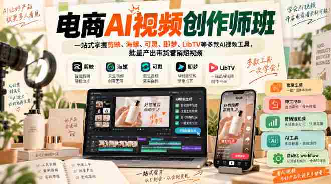 电商AI视频创作师班,一站式掌握剪映、海螺、可灵、即梦、LibTV等多款AI视频工具,批量产出带货营销短视频-湘创网