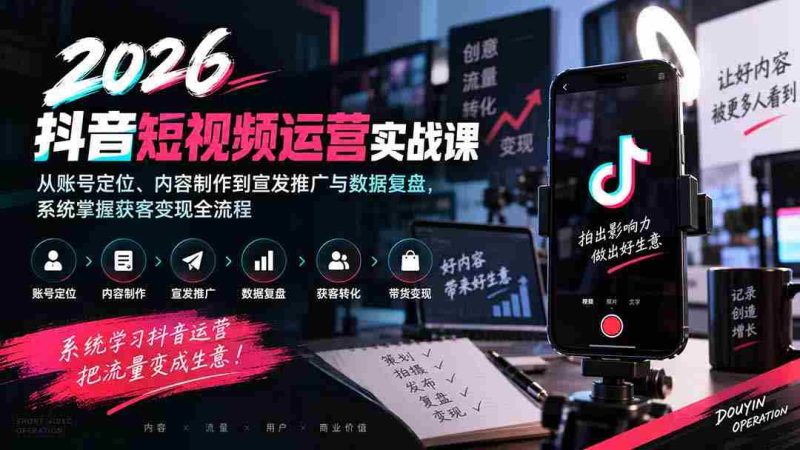 2026抖音短视频运营实战课：从账号定位、内容制作到宣发推广与数据复盘，系统掌握获客变现全流程-湘创网