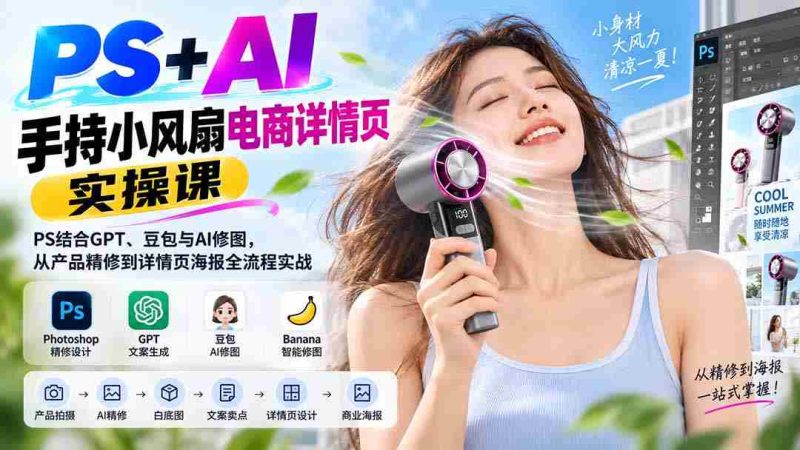 (20273期)PS+AI手持小风扇电商详情页实操课:PS结合GPT、豆包与AI修图,从产品精修到详情页海报全流程实战-湘创网