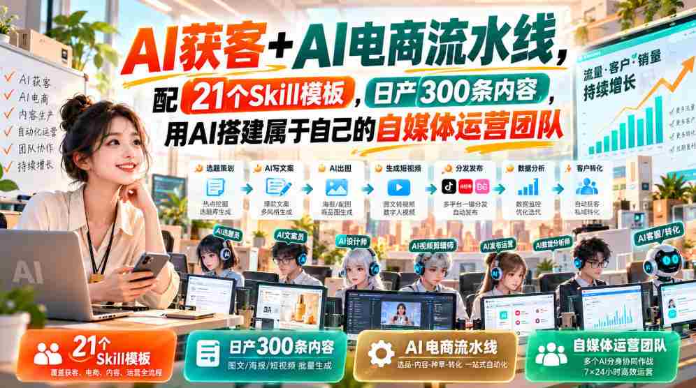 AI赋能客户获取与电商全链路，配备21款技能模板，每日产出300篇内容，AI助力打造个性化自媒体运营团队-湘创网