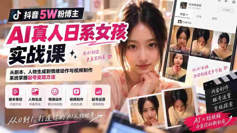 抖音5W粉博主AI真人日系女孩实战课：从剧本、人物生成到情绪动作与视频制作，系统掌握起号变现方法-湘创网